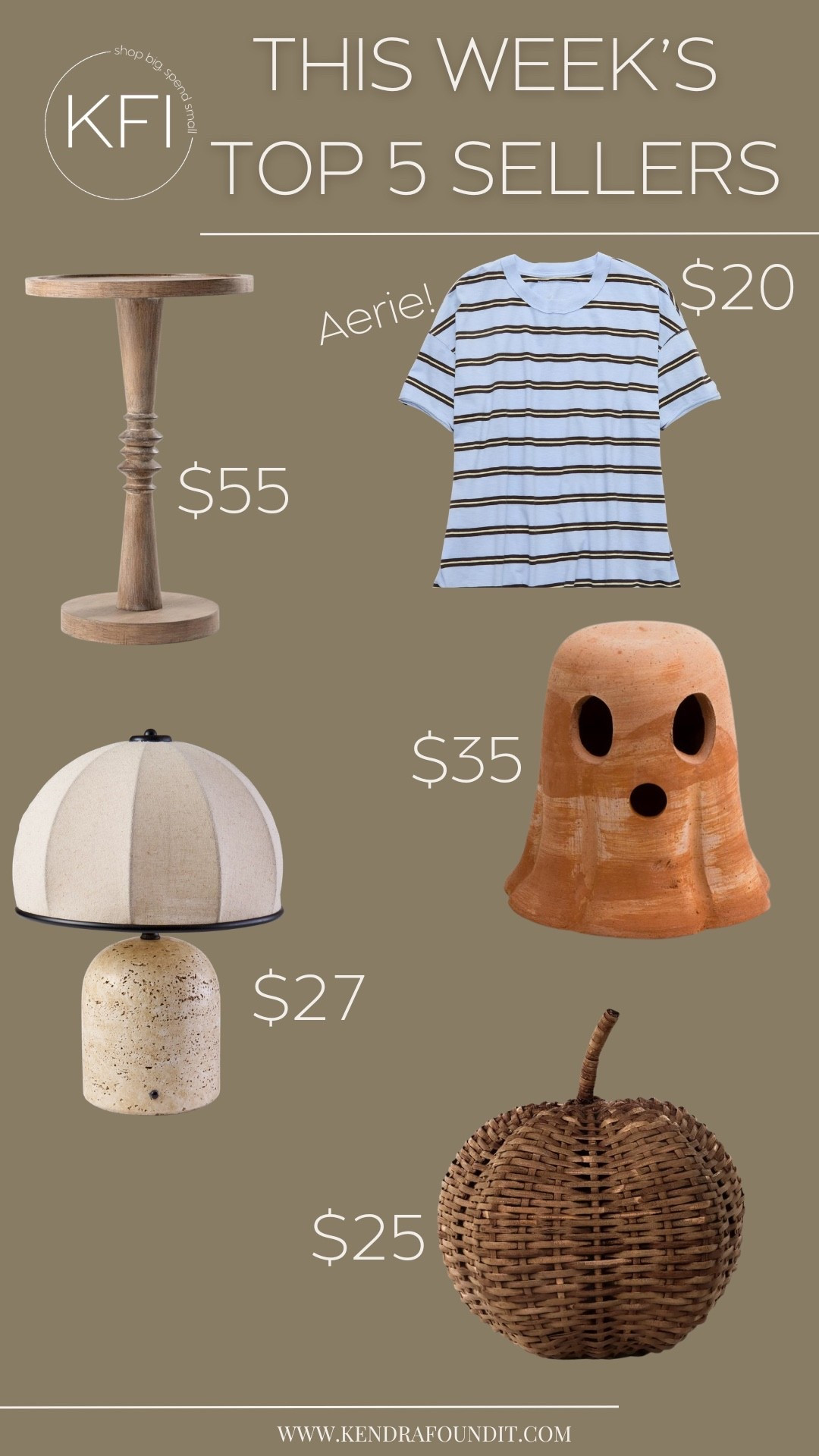 The top 5 sellers for this week are in! First up is a gorgeous wood pedestal side table for just $55 that looks way more expensive than it actually is — the perfect budget-friendly furniture piece for any room. I'm also loving this striped Aerie tee for only $20, an easy everyday basic that pairs with everything in your fall wardrobe (I own it and wear it ALL the time). For anyone looking to elevate their space, this dreamy dome table lamp for $27 gives off total boutique-lamp energy without the boutique price tag (it’s also a McGee and Co. dupe). And of course, it's giving fall decor season, so this adorable little terracotta ghost for $35 and a woven wicker pumpkin for $25 are the cutest (and most affordable) additions to your seasonal Halloween decor collection. Linking everything below so you can shop my top sellers before they sell out again! 🤎

#LTKfall #LTKhome #LTKstyletip