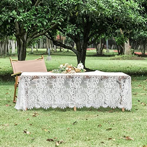 TINWIN 60 x 120 Inch White Rectangle Lace Tablecloth Vintage Runner Eyelash Fabric for Kitchen Di... | Amazon (US)