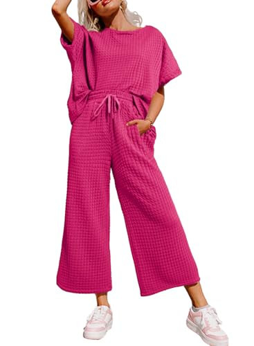Dokotoo 2 Piece Outfits for Women Solid Tracksuit Casual Crew Neck Short Sleeve Summer Tops Shirts and Loose Drawstring Wide Leg Pants with Pockets Workout Sweatsuit Lounge Pant Sets Medium Rose Red | Amazon (US)