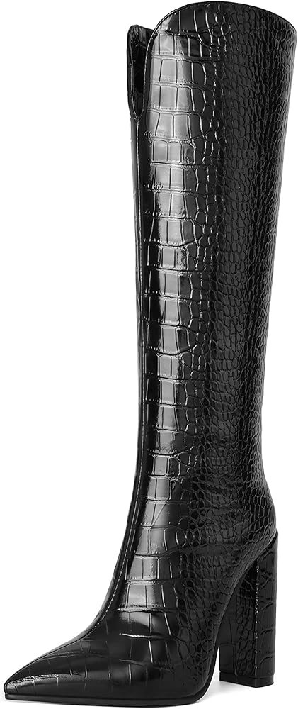 Women Knee High Boots Slim Calf 4.33" Block Heel Pointed Toe Tall Boots Pull On | Amazon (US)