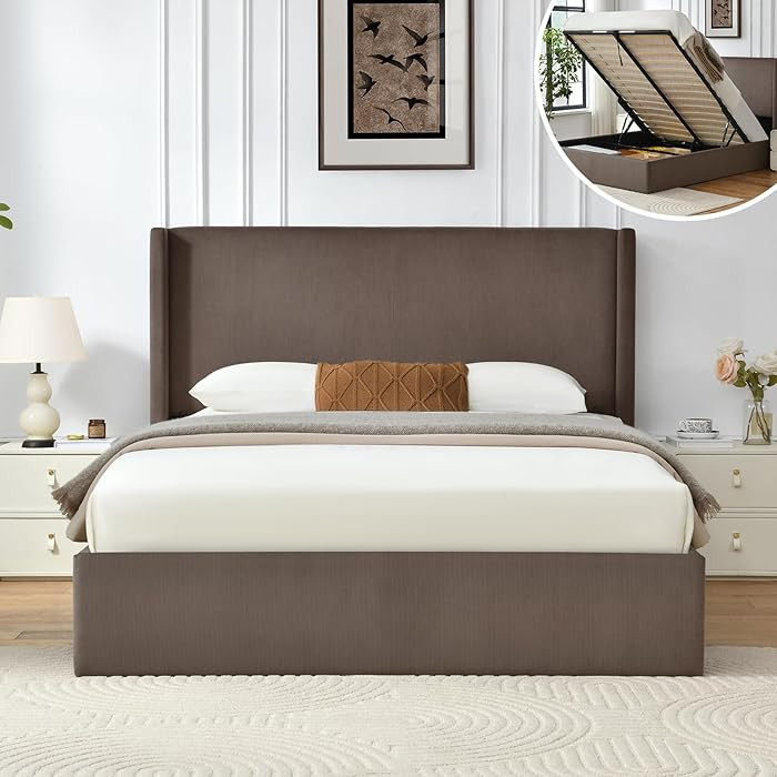 VELOCAVA King Size Lift-Up Storage Bed, Modern Upholstered Corduroy Coffee Bed with Wingback Head... | Amazon (US)