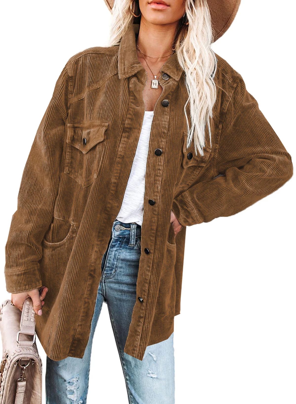 SHEWIN Women's Corduroy Jackets Button Down Shacket Coats Boyfriend Shirts Long Sleeve Casual Jac... | Walmart (US)