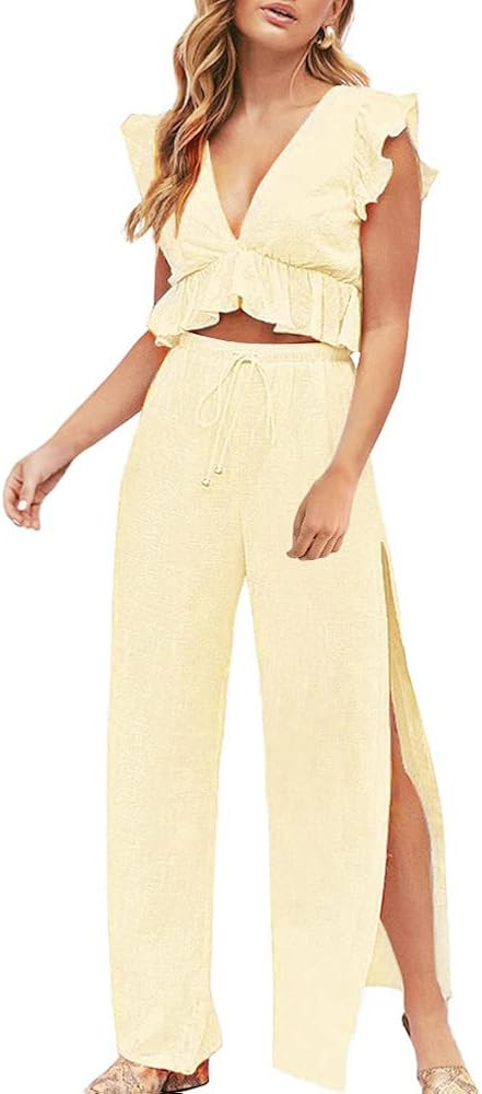 FANCYINN Womens 2 Pieces Outfits Deep V Neck Crop Top Side Slit Drawstring Wide Leg Pants Set Jum... | Amazon (US)