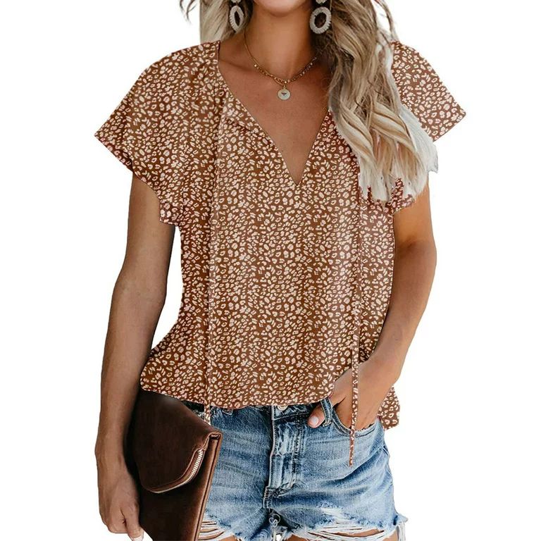 Fantaslook Blouses for Women Floral Print V Neck Ruffle Short Sleeve Shirts Casual Summer Tops | Walmart (US)