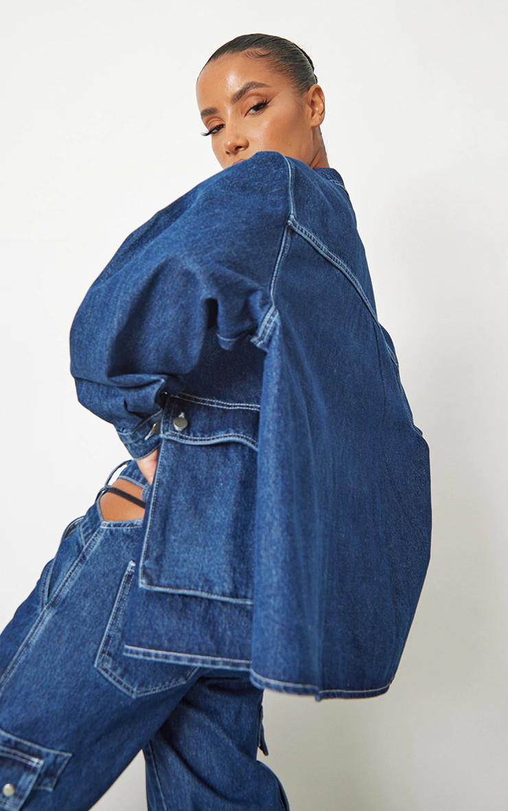 Dark Blue Wash Oversized Button Up Pocket Detail Denim Shacket | Pretty Little Thing (Australia & New Zealand)