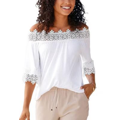 Women's Lace Accent Off The Shoulder Top - LASCANA - White Solid 4/6 | Target