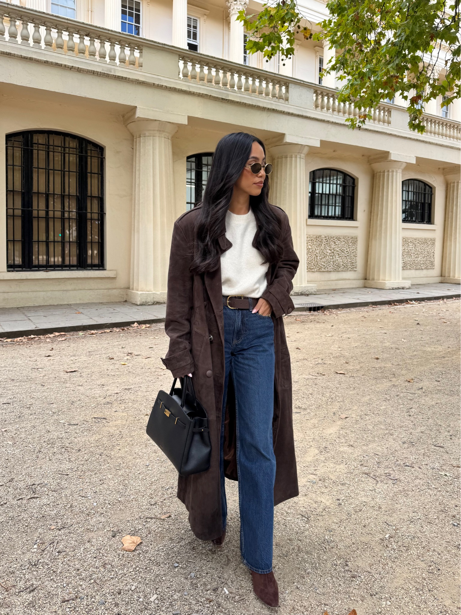 Your most loved autumn outfits 🍂 chocolate brown suede trench coat with a knitted short sleeve jumper, wide blue jeans and chocolate brown suede boots. Autumn city outfit inspo

#LTKFashionMonth #LTKautumn #LTKjeans