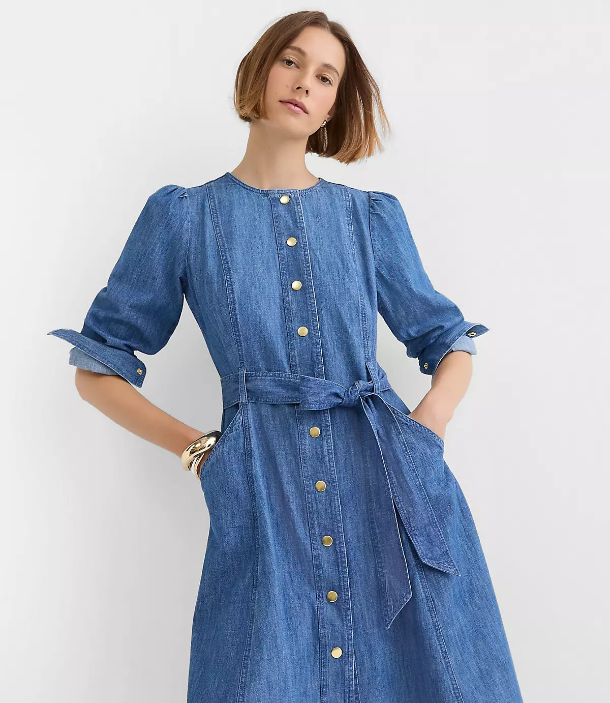 Chambray Balloon Sleeve Midi Pocket Dress | LOFT