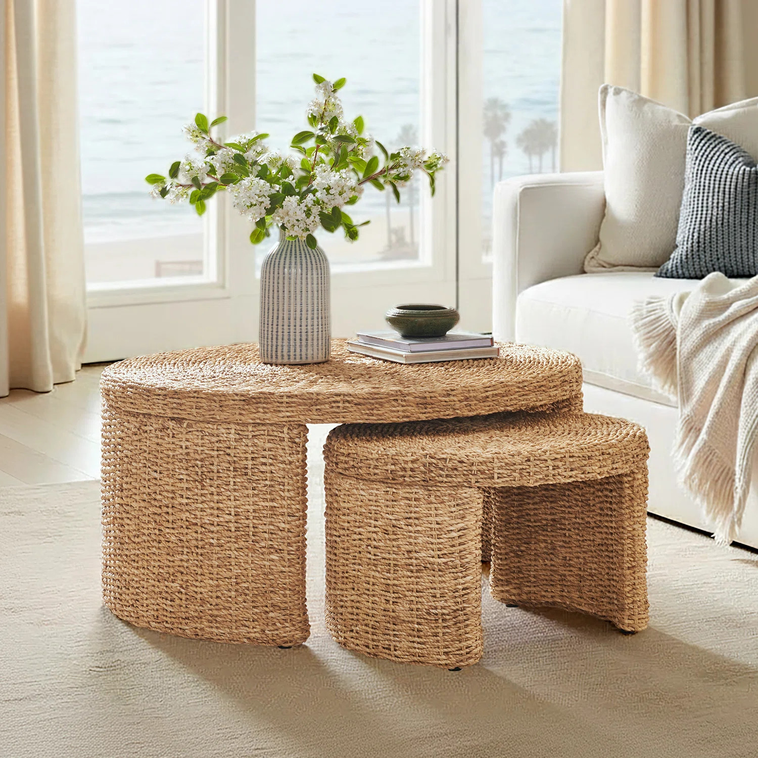 Arelys Coastal 39.75"W Simple Assembly Wicker Nesting Round Coffee Table | Wayfair North America