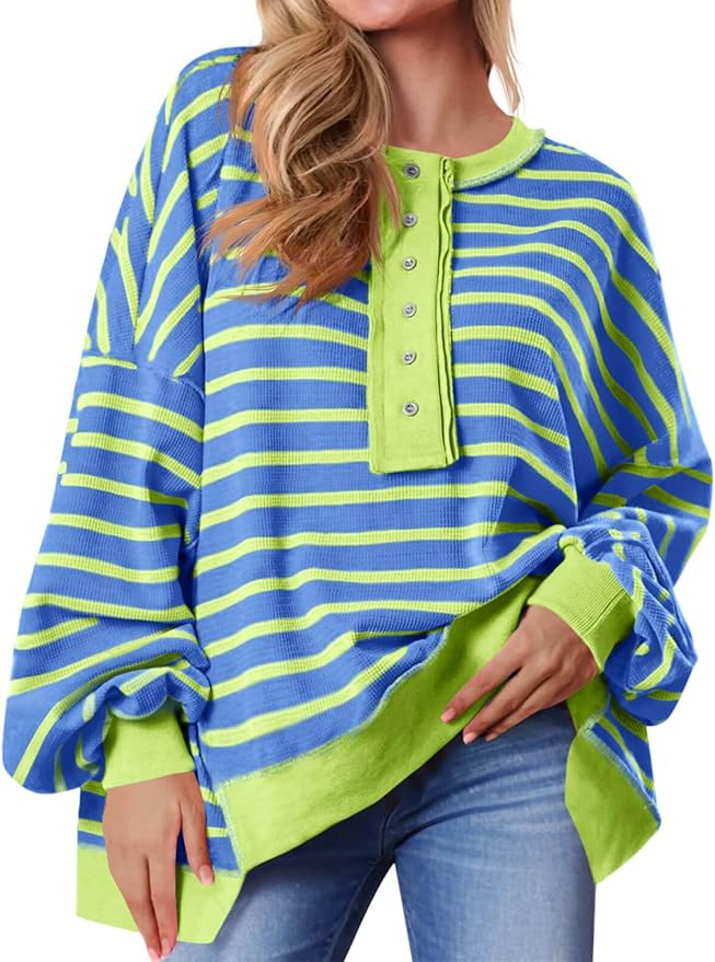 Tankaneo Womens Oversized Striped Sweatshirts Henley Shirts Color Block Casual Pullover Waffle Kn... | Amazon (US)