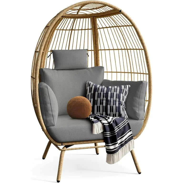 YITAHOME Wicker Egg Chair Outdoor Indoor Oversized Lounger with Stand and Cushions - Gray | Walmart (US)