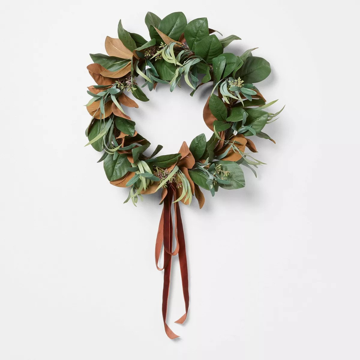 Magnolia and Olive Artificial Wreath with Ribbon Brown - : Indoor Decor, Unlit, Polyester - Thres... | Target