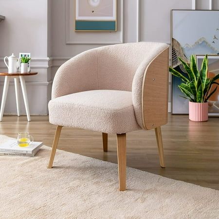 KCCUXING Mid-Century Modern Molded Plywood Sherpa Accent Chair in Natural Round Barrel Chair Comfy F | Walmart (US)