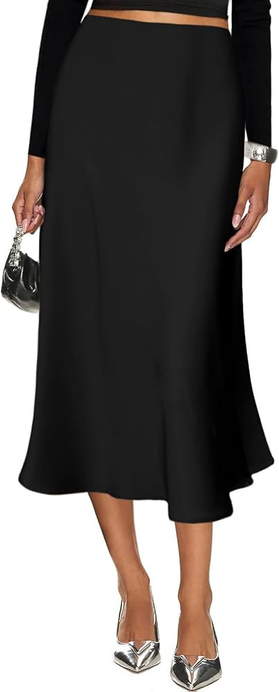 Women's Silk Satin Midi Skirt Elastic High Waisted A-Line Cheetah Print Leopard Long Skirts for W... | Amazon (US)