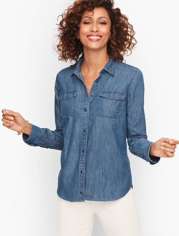 Cotton Button Front Shirt - Vertically Striated Denim | Talbots