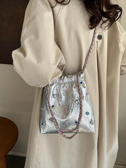 Fashion Silver Rhinestone Decor Drawstring Design Shoulder Bag - Size one-size | SHEIN