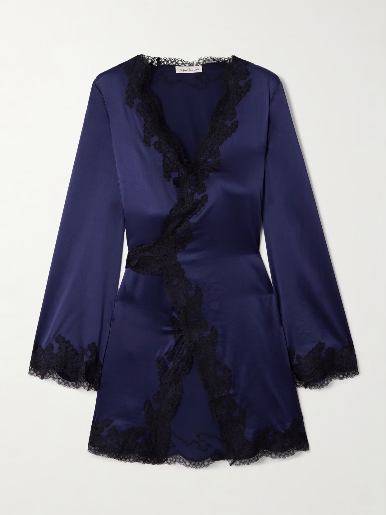 Agent Provocateur - Amelea Belted Lace-trimmed Silk-blend Satin Robe - Blue | NET-A-PORTER (US)