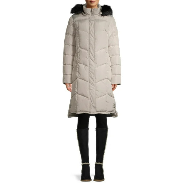 Big Chill Women's Faux Memory Chevron Quilted Maxi Coat with Faux Fur Hood - Walmart.com | Walmart (US)