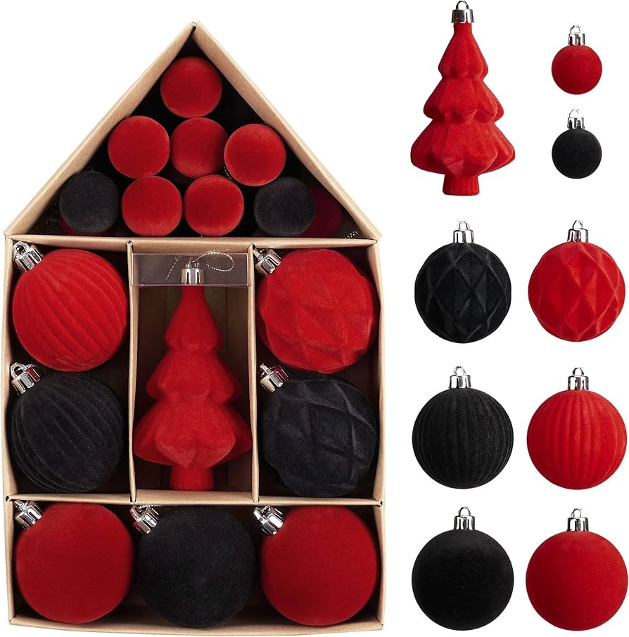 DecorbyHannah Velvet Christmas Ornaments, 24ct Black Red Velvet Ornaments for Christmas Tree Deco... | Amazon (US)