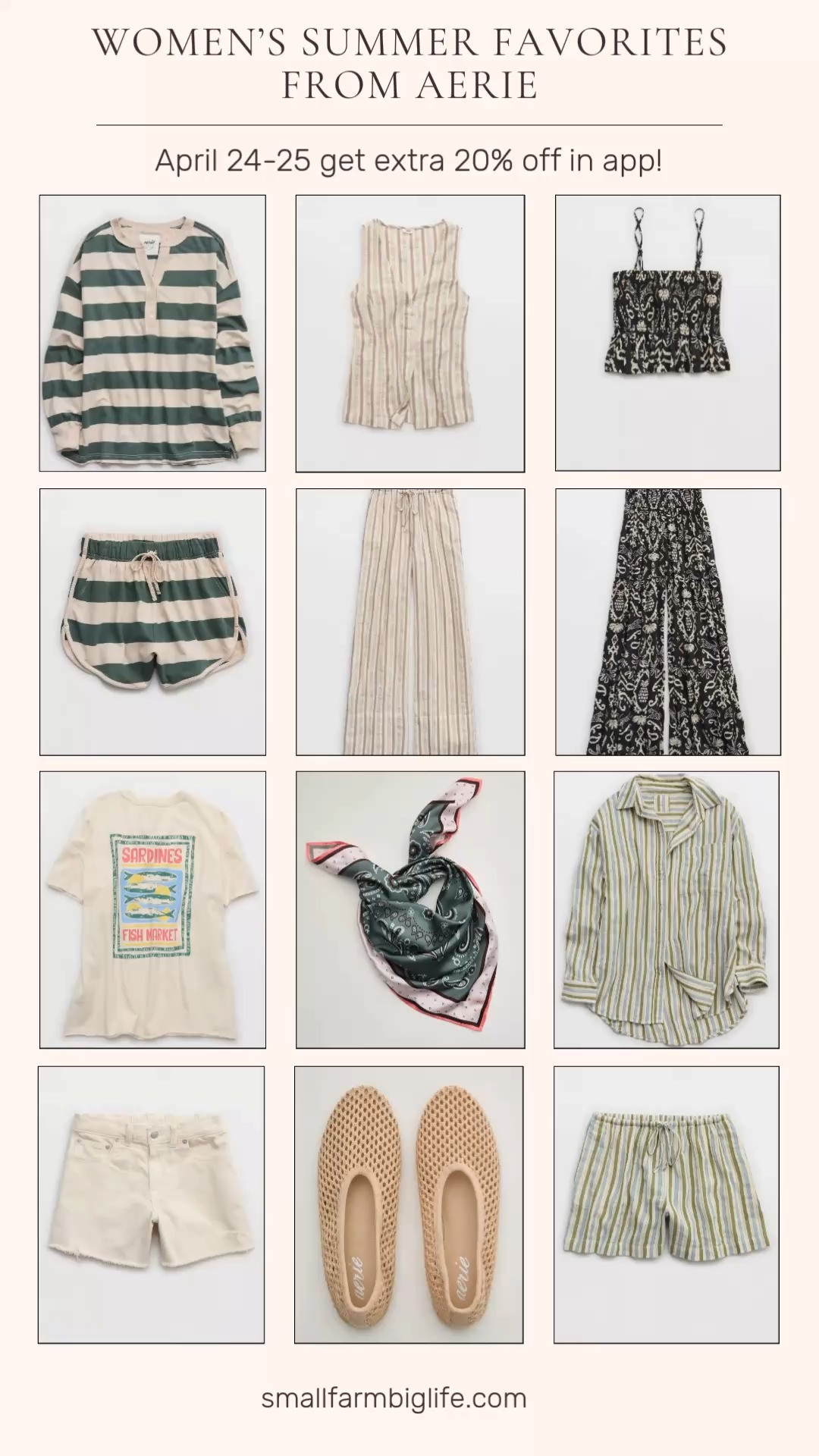 Aerie is having a 20% off sale in the app April 24th and 25th only and there are so many cute summer pieces worth grabbing! From breezy denim shorts and oversized tees to matching terry sets, smocked tube tops, party pants, crochet ballet flats, and the prettiest satin scarf, these are the effortless and comfortable summer pieces that work for everything from the pool to a casual night out. Do not miss this sale! Linking all my favorites below! 

 #LTKxAerie #LTKootd #LTKOver40
