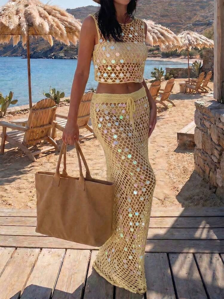 Selianne Women's Sequin Cream Yellow Vacation Beach Cover-Up Skirt, Long Maxi Party Drawstring Ho... | SHEIN