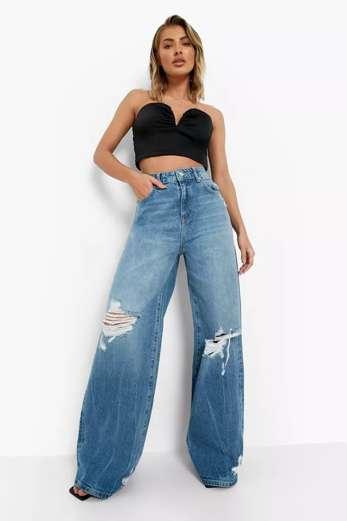 Vintage Wash Wide Leg Distressed Jeans | Boohoo.com (UK & IE)