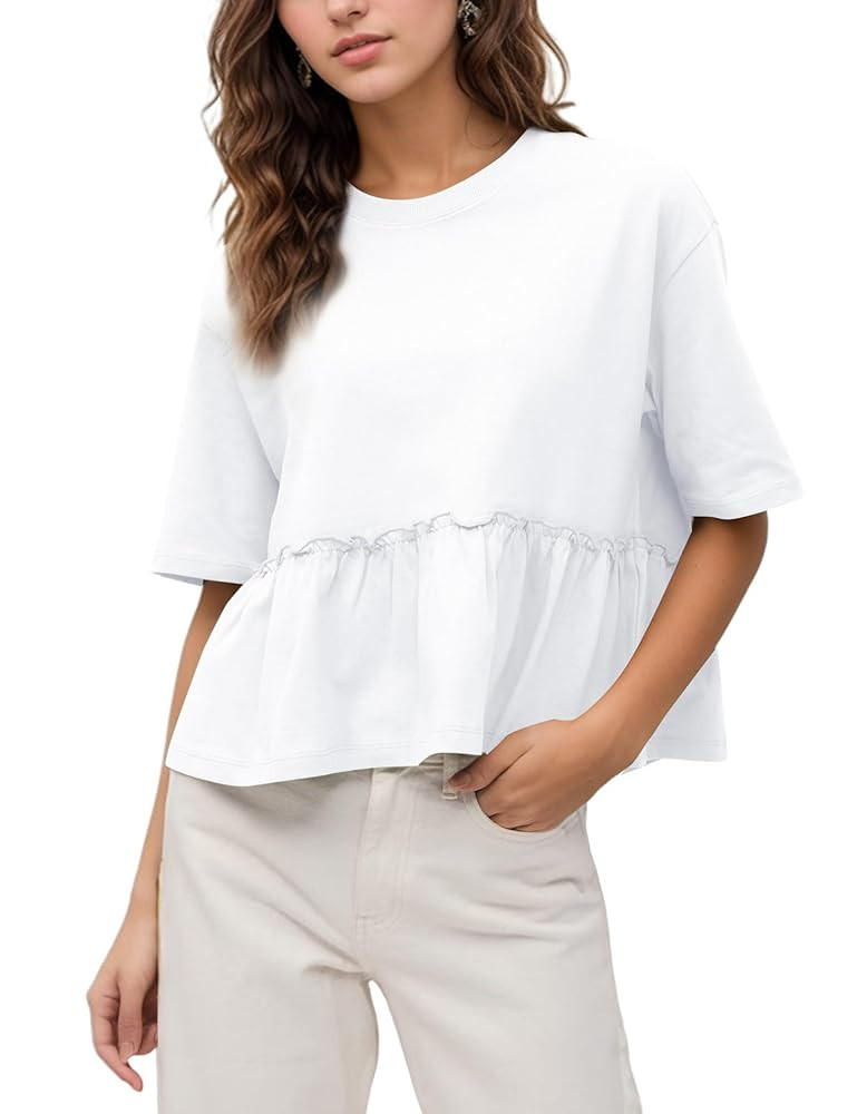 Women Summer Short Sleeve T-Shirts Oversized Dressy Casual Work Blouses Cropped Cute Ruffle Babyd... | Amazon (US)