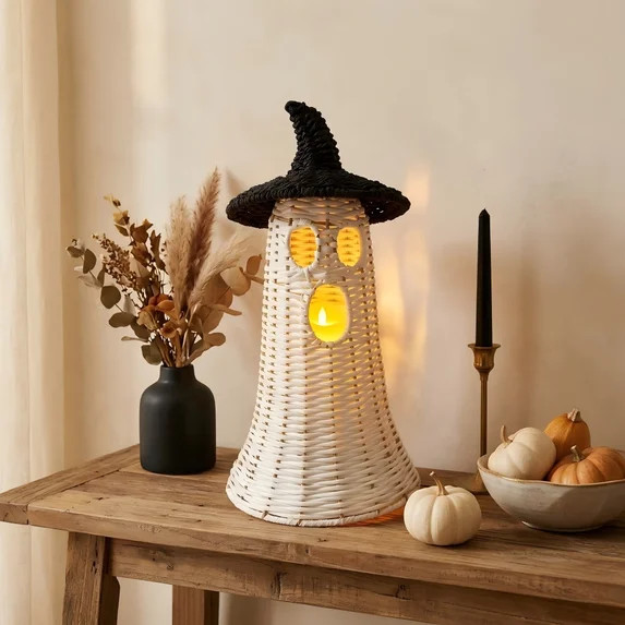 Handwoven Wicker Ghost with Detachable Witch Hat Lid - Rustic Rattan Style Spooky Lantern Centerp... | Walmart (US)