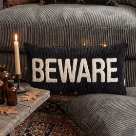 Black Corduroy Beware Lumbar Pillow | Antique Farm House
