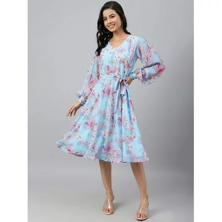 Janasya Indian Women s Sky Blue Georgette Floral Flared Western Dress | Walmart (US)