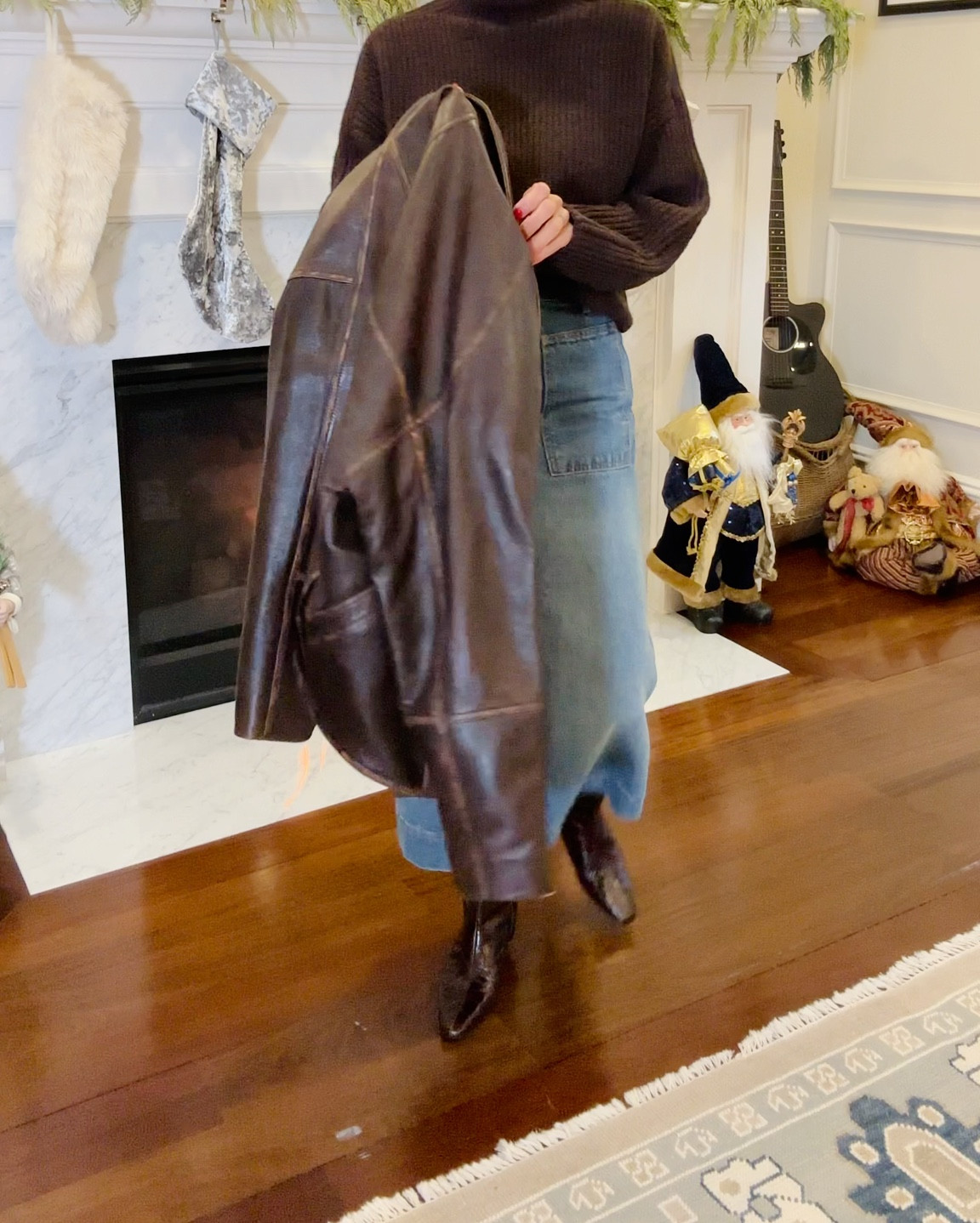 I love with this oversized leather jacket. It’s a bomber style with a more modern cut and it’s super  chic!  I sized down to a 34. 