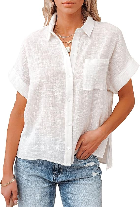 Womens Short Sleeve Cotton Button Down Up Shirt Collared V Neck Tops Shirts Blouses Dress for Wom... | Amazon (US)