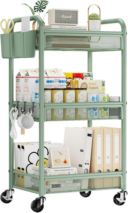 3 Tier Rolling Cart – Metal Utility Storage Carts with Wheels, Craft Carts Organizer with Hangi... | Amazon (US)