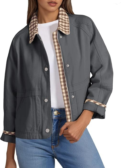 Tankaneo Womens Cropped Barn Jacket Zip Up Lightweight Contrast Plaid Coat | Amazon (US)