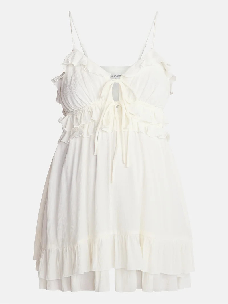 No Boundaries Sleeveless Tie Front Ruffle Romper, Women's XXS-XXL | Walmart (US)