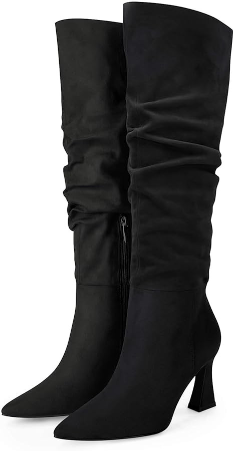 Coutgo Women's Slouchy Knee High Boots Wide Calf Pointed Toe Side Zipper Chunky Heel Long Boots W... | Amazon (US)