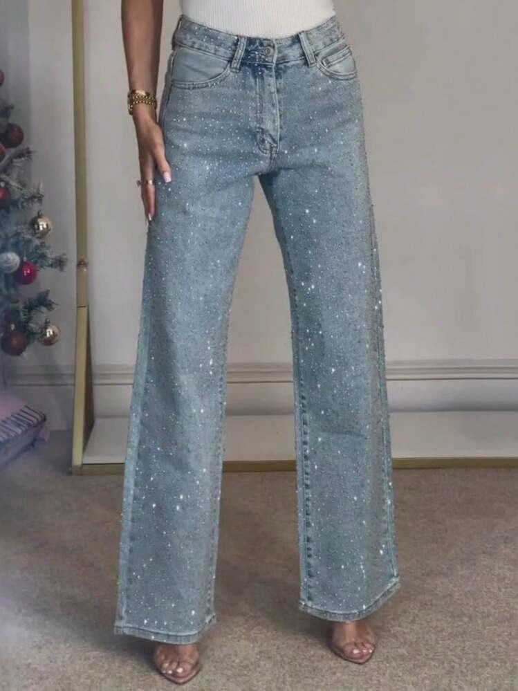 DPSHOP Women's Straight-Leg Jeans With Sparkly Rhinestone-Embellished Pockets And Zipper, Long Casual Party/Christmas Style | SHEIN