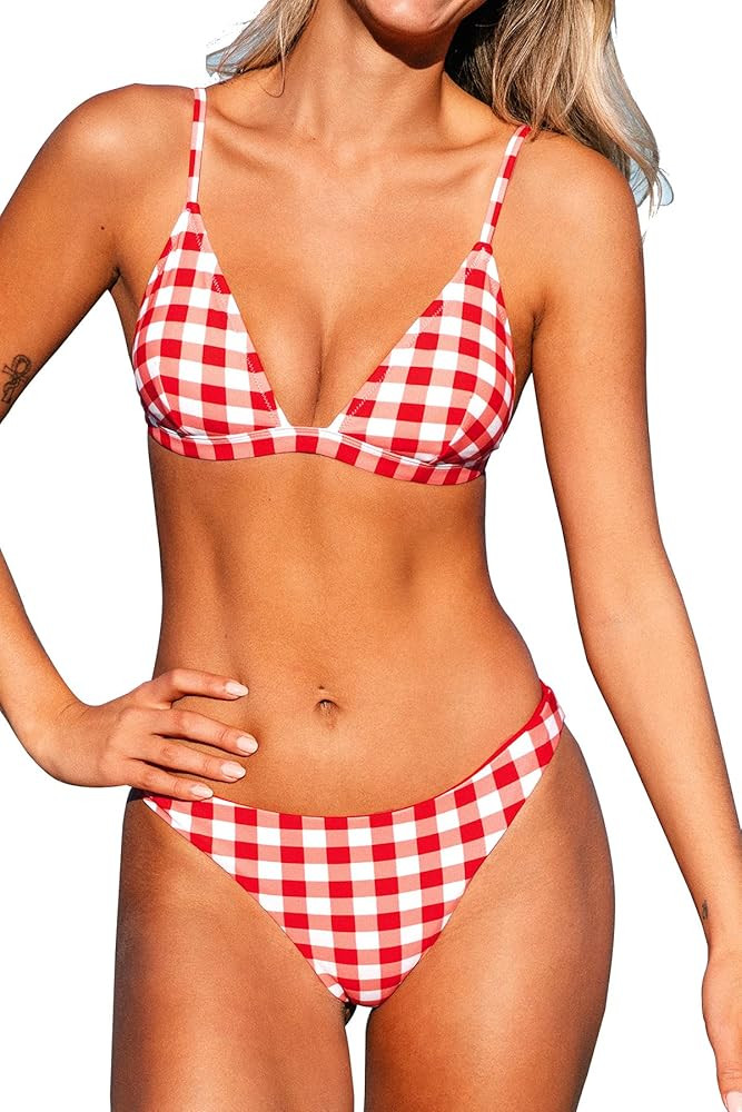 CUPSHE Women's Triangle Gingham Bikini Set Push Up Reversible Bathing Suit | Amazon (US)