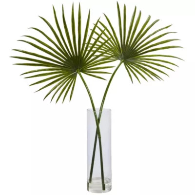 Nearly Natural Fan Palm Artificial Arrangement in Glass Vase | Belk