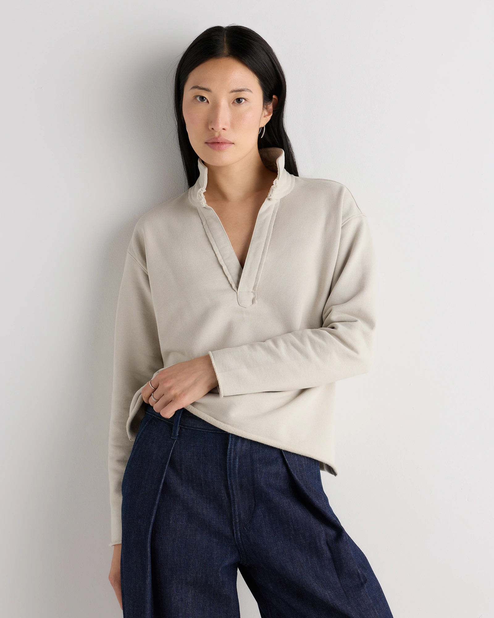 Quince | Women's Organic French Terry Henley in Classic White, Size XL, Organic Cotton | Quince