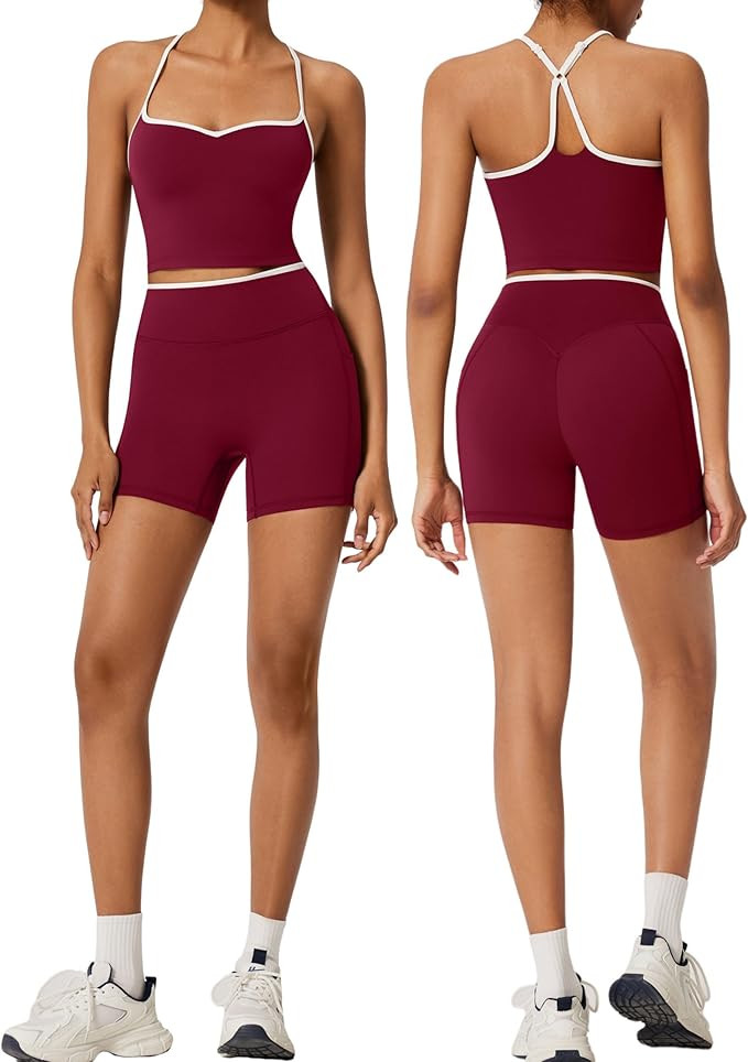 RXRXCOCO Color Block Workout Sets for Women 2 Piece Padded Strappy Tank Tops Hidden Scrunch Booty... | Amazon (US)