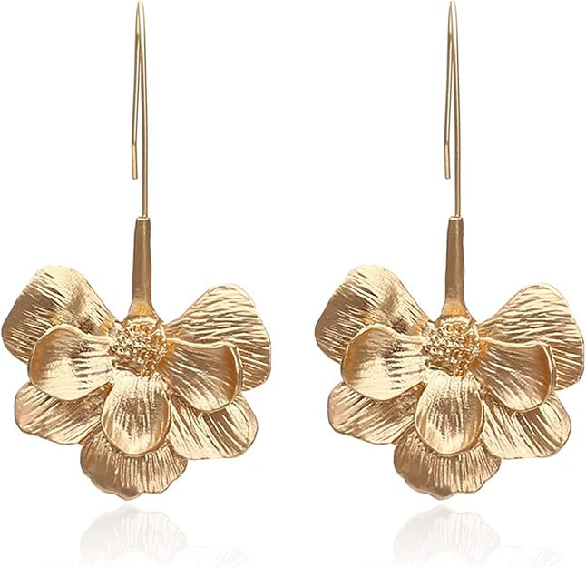 Bohemian Gold Elegant Flower Fashion Dangle Earring Cute Metal Flower Earrings Unique Chic 3D Lar... | Amazon (US)