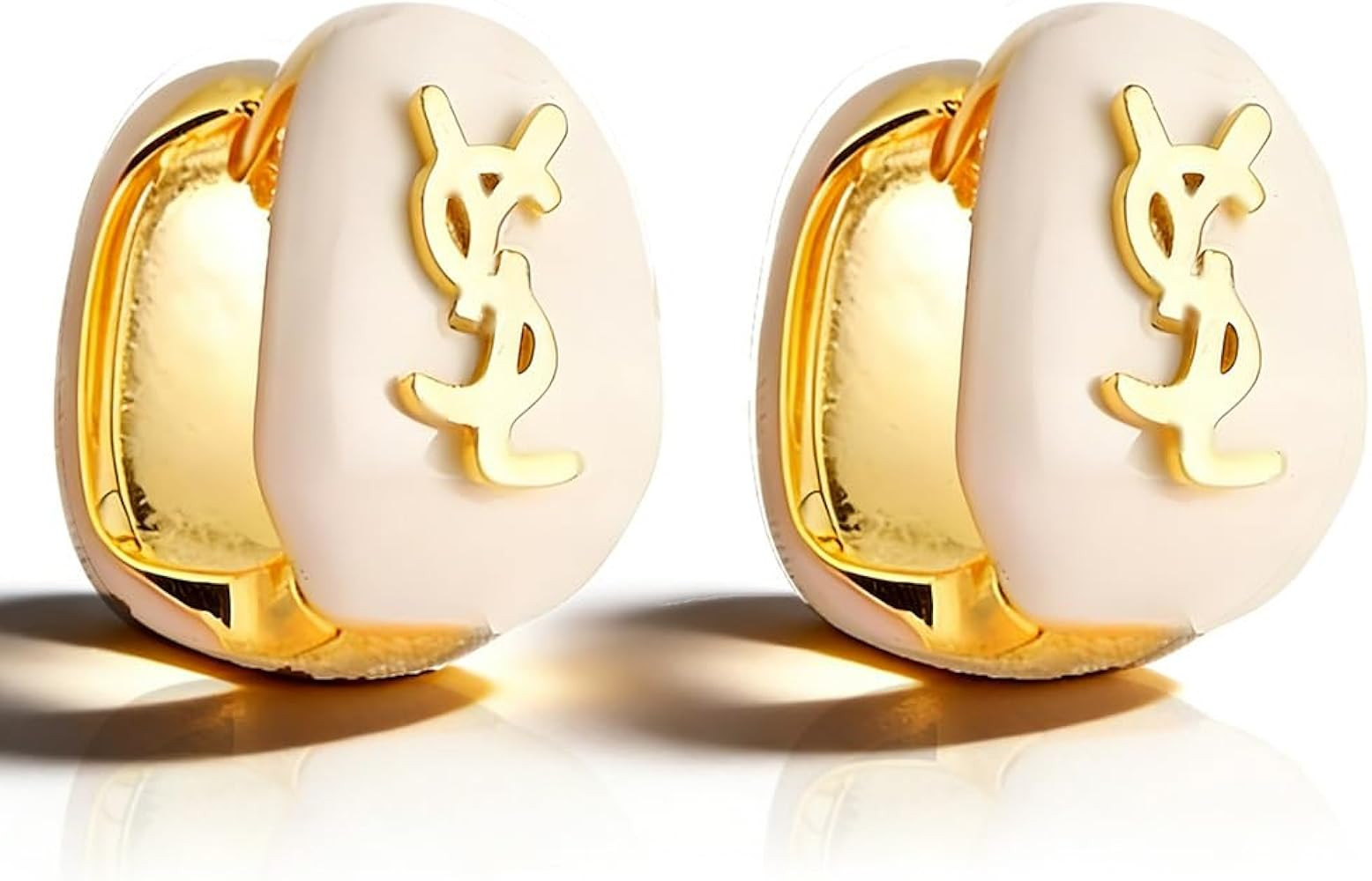 White Enamel Earrings with Gold Logo, Oval Stud Earrings, Designer Inspired Fashion Jewelry | Amazon (US)