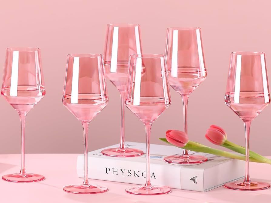 Physkoa Pink Wine Glasses Set of 6-14 oz Unfading Color, Hand-blown Pink wine glasses - Valentine... | Amazon (US)