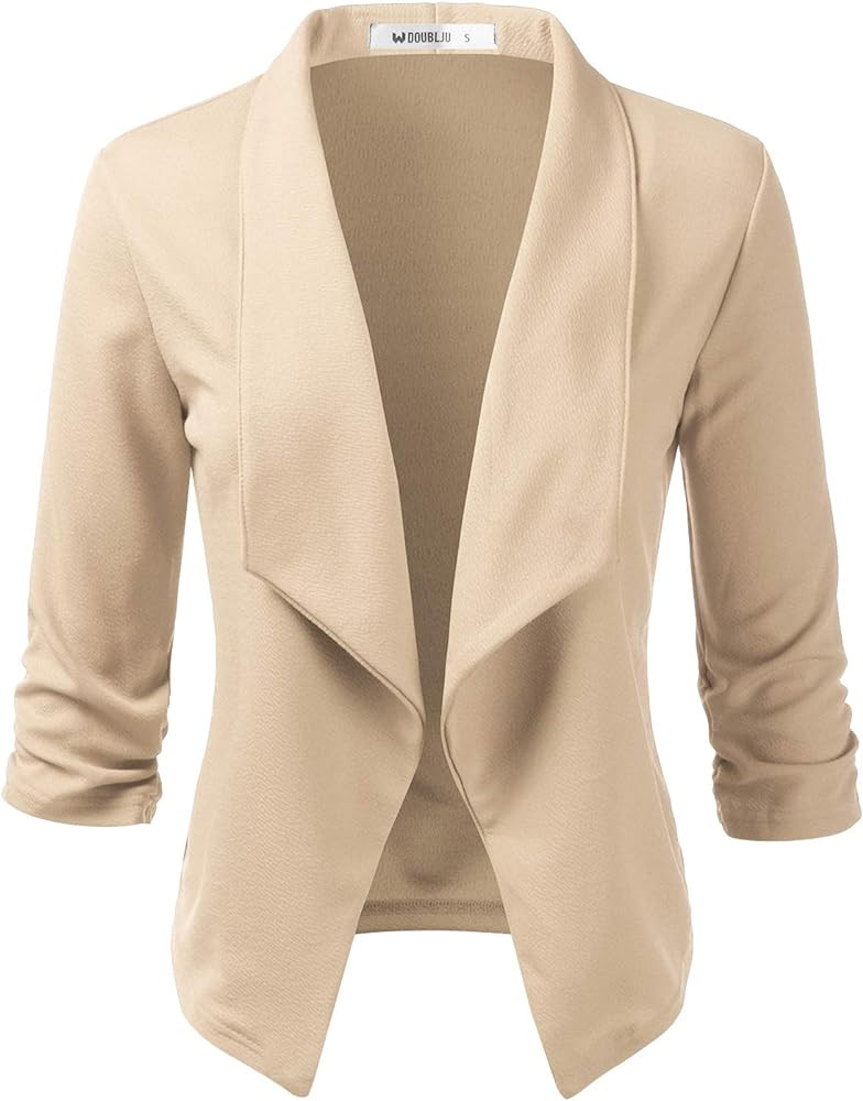DOUBLJU Ruched 3/4 Sleeve Open Front Draped Blazers Business Casual Basic Work Jackets for Womens... | Amazon (US)