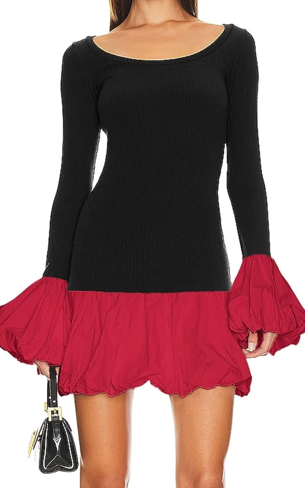 Women's 2025 Fall Dress Sexy Crew Neck Puffy Long Sleeve Bubble Party Club Bodycon Mini Dresses | Amazon (US)