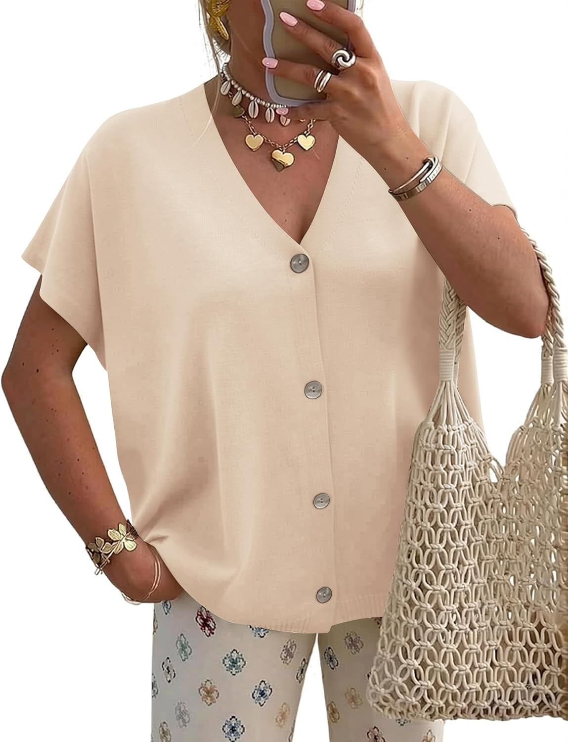 LOMON Oversided Cardigan Sweaters for Women Short Cap Sleeve V-Neck Casual Button Lightweight Knitted Trendy Sweater S-XL | Amazon (US)