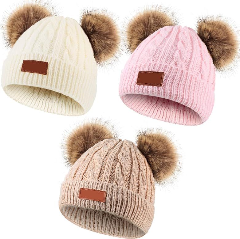 Kids Winter Pompom Hat Knitted Ski Beanie Hat Double Pom Beanie Cap for Girls Boys, for 1-3 Years Ol | Amazon (US)