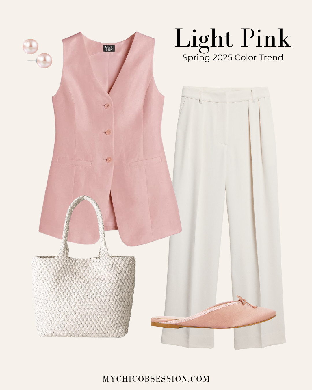 Be inspired by spring's trending color, light pink. Pair a vest top with white trousers, a woven tote bag, flats, and a pale pink pair of pearl stud earrings. 

 #LTKSeasonal #LTKStyleTip #LTKShoeCrush