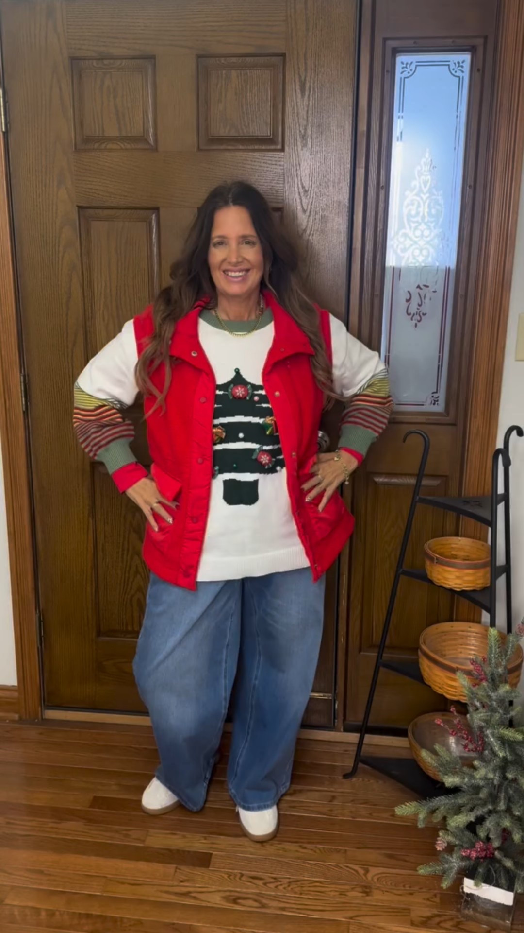 #ootd 
A festive fun outfit with a great vest , sweater, jeans and pull it all together with your socks,  shoes and jewelry. Don’t wait too long to get Christmas sweaters and pajamas now and make lasting memories with your family. Coordinate your favorite vest, jeans, and accessories for a stylish look. I am available to assist you in finding excellent items and deals, feel free to message me. #ootd

Have a blessed day 🫶💕
Vest 
@anrabess_official 
@anrabess.amazon 
Sweater
@bloomchic 
Jeans
@halara_official 
Socks
@fitrell_style 
Shoes 
@amazonfashion 
Jewelry 
@melindamaria_jewelry 

Comment shop for a link or message me if you would like a link as well or need anything. I am here to help and would love to connect. Have a fabulous day. Enjoy each day and make each day. The best life is hard be kind and support each other and I am always here for you . Vest/sweater/fashion/christmas/ holidays 

#fashionstyle #supportothers #anrabess #sweater